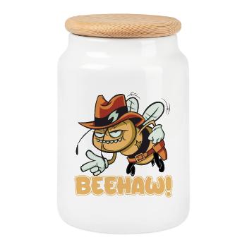 Beehaw bee with cowboy hat Yeehaw - Cookie Jar with Wooden Lid - white - Front