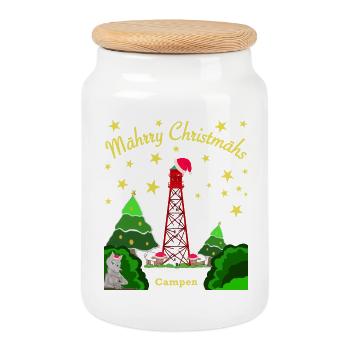 Weihnachten, Leuchtturm Campen, Kultiger Wolf - Keksdose mit Holzdeckel - Weiß - Vorne