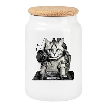 DJ Katze mit Mischpult - Keksdose mit Holzdeckel - Weiß - Vorne