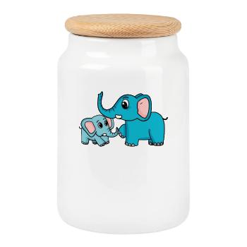 Eléphant avec bébé éléphant - Boîte à biscuits avec couvercle en bois - blanc - Devant