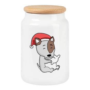 Bull Terrier Dog Christmas Sleep Tired - Cookie Jar with Wooden Lid - white - Front