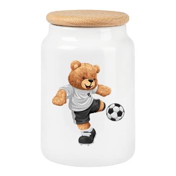 Teddy kicker in football look - Cookie Jar with Wooden Lid - white - Front