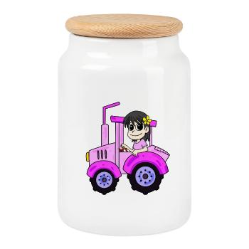 Farmer Farmer Pink Tractor Girl Women - Cookie Jar with Wooden Lid - white - Front