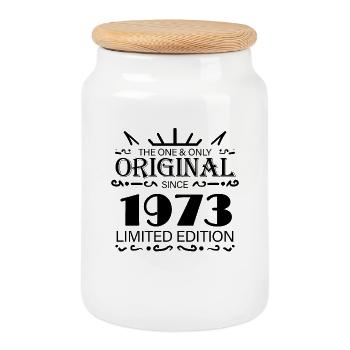 1973 - Year of construction 1973 - Born 1973 - Cookie Jar with Wooden Lid - white - Front