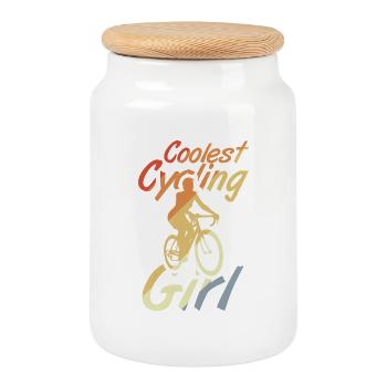Coolest female cyclist - Cookie Jar with Wooden Lid - white - Front
