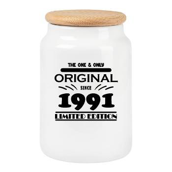 1991 - Year of construction 1991 - Born 1991 - Cookie Jar with Wooden Lid - white - Front