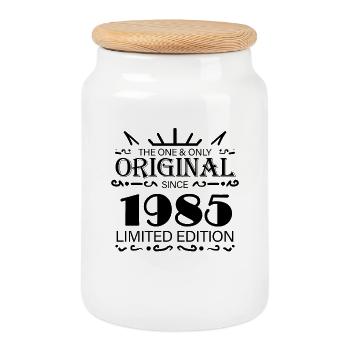1985 - Year of construction 1985 - Born 1985 - Cookie Jar with Wooden Lid - white - Front