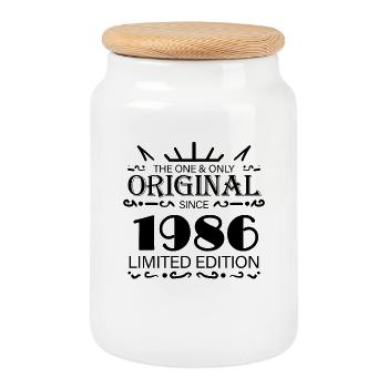 1986 - Year of construction 1986 - Born 1986 - Cookie Jar with Wooden Lid - white - Front