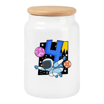 4th birthday 4 years Young astronaut space - Cookie Jar with Wooden Lid - white - Front