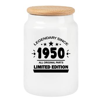 1950 - Born 1950 - Year of construction 1950 - Cookie Jar with Wooden Lid - white - Front