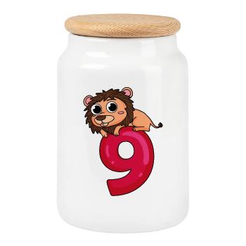 9 Years Old - 9th Birthday with Animal Motif - Cookie Jar with Wooden Lid - white - Front