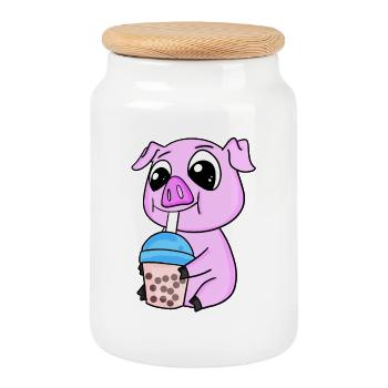 Pork Bubble tea Motif - Cookie Jar with Wooden Lid - white - Front