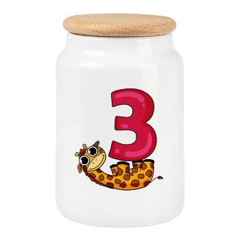 3 Years Old - 3rd Birthday with Animal Motif - Cookie Jar with Wooden Lid - white - Front