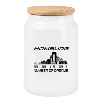 GPS Koordinaten Stadt Hamburg Skyline Traumstadt - Keksdose mit Holzdeckel - Weiß - Vorne