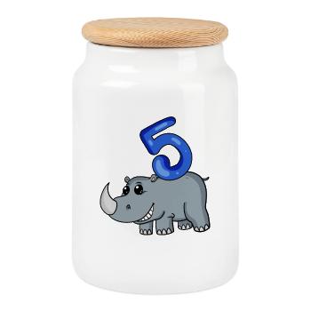 5 Years Old - 5th Birthday with Animal Motif - Cookie Jar with Wooden Lid - white - Front
