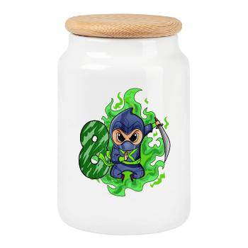 Boy 8 years 8th birthday Boy Ninja Green - Cookie Jar with Wooden Lid - white - Front