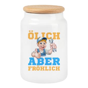 Fröhlicher Schrauber Werkstatt-Design - Keksdose mit Holzdeckel - Weiß - Vorne