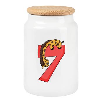 7 years old - 7th birthday with animal motif - Cookie Jar with Wooden Lid - white - Front