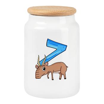 7 years old - 7th birthday with animal motif - Cookie Jar with Wooden Lid - white - Front