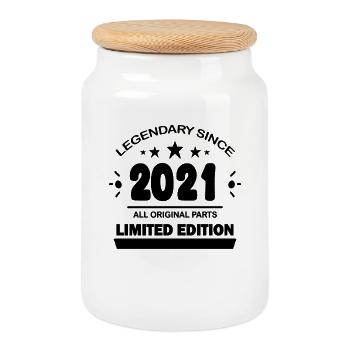2021 - vintage 2021 - year of construction 2021 - Cookie Jar with Wooden Lid - white - Front