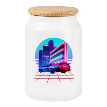 Retro Wave 80s Skyline Electro-Wave Vaporwave - Cookie Jar with Wooden Lid - white - Front