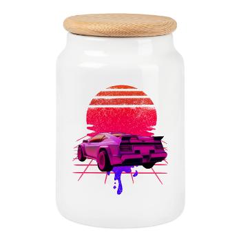 Retro Wave Supercar Sunset - Cookie Jar with Wooden Lid - white - Front