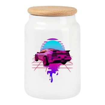 Retro Wave Sport Car Sunset - Cookie Jar with Wooden Lid - white - Front