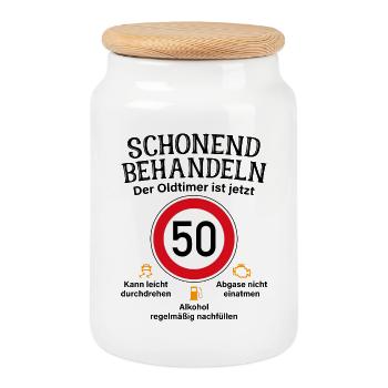 50. Geburtstag Schonend Behandeln Oldtimer Ist 50 - Keksdose mit Holzdeckel - Weiß - Vorne