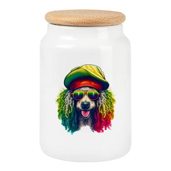 Cooler Rasta-Pudel bunt - Keksdose mit Holzdeckel - Weiß - Vorne