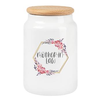 Mother In Law Wedding Engagement Bachelor Party Gift - Cookie Jar with Wooden Lid - white - Front