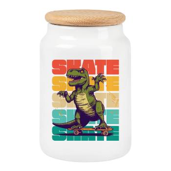 Skateboarding Cool Skateboarder T Rex Dinosaur - Cookie Jar with Wooden Lid - white - Front