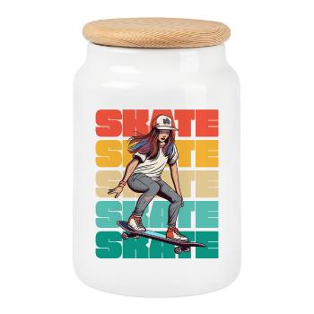Skateboarding Cool Skater Girl Bunt - Keksdose mit Holzdeckel - Weiß - Vorne