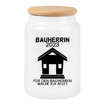 Bauherrin 2023 Hausbau Baustelle - Keksdose mit Holzdeckel - Weiß - Vorne