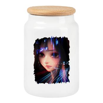 Anime Girl City Lights - Boîte à biscuits avec couvercle en bois - blanc - Devant