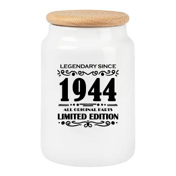 1944 - Born 1944 - Built in 1944 - Cookie Jar with Wooden Lid - white - Front