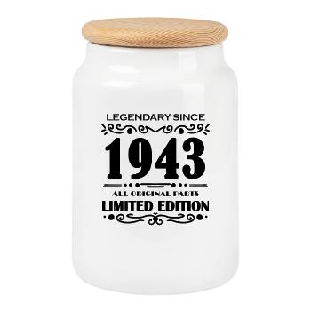1943 - Born 1943 - Built in 1943 - Cookie Jar with Wooden Lid - white - Front