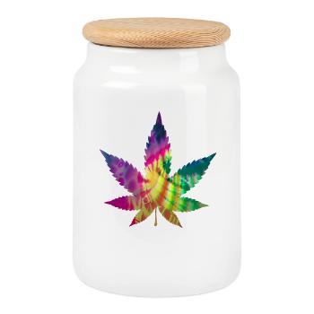 Tie Dye Batik Cannabis Leaf | Hemp leaf - Cookie Jar with Wooden Lid - white - Front