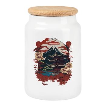 Japanese Temples Mountain Landscape Vintage - Cookie Jar with Wooden Lid - white - Front