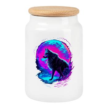 Wolf Neon Moon Synthwave - Keksdose mit Holzdeckel - Weiß - Vorne
