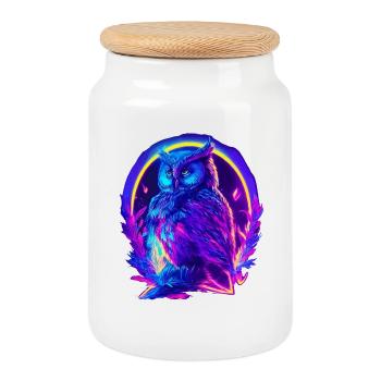 Mystisch leuchtende Eule Neon Synthwave - Keksdose mit Holzdeckel - Weiß - Vorne