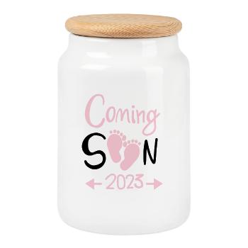 Pregnant 2023 - Cookie Jar with Wooden Lid - white - Front