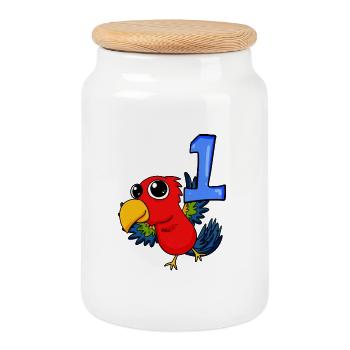 1 year old - Enrollment - Parrot motif - Cookie Jar with Wooden Lid - white - Front