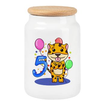 5 Anniversaire 5 ans avec motif animal - Cinq - Boîte à biscuits avec couvercle en bois - blanc - Devant