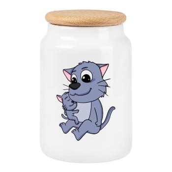 Cat Family - Cat with Baby - Cookie Jar with Wooden Lid - white - Front