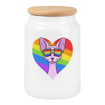 Arc-en-ciel - Chat Sphynx Chat avec lunettes - Boîte à biscuits avec couvercle en bois - blanc - Devant