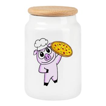 pizza maker pizza chef pork italy - Cookie Jar with Wooden Lid - white - Front