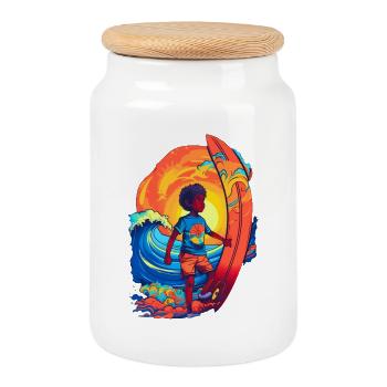 Surfeur avec motif rayon de soleil - Boîte à biscuits avec couvercle en bois - blanc - Devant