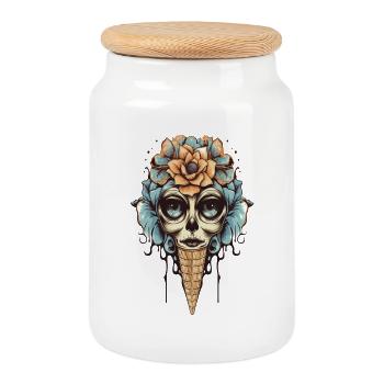 Blumen-Totenkopf Eistüte Design - Keksdose mit Holzdeckel - Weiß - Vorne