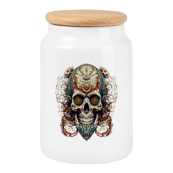 Detailreicher Steelskull mit mechanischem Flair - Keksdose mit Holzdeckel - Weiß - Vorne