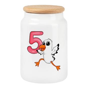 Mouette à motif 5e anniversaire - cinq ans - Boîte à biscuits avec couvercle en bois - blanc - Devant